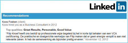 Aanbeveling op LinkedIn van een tevreden klant